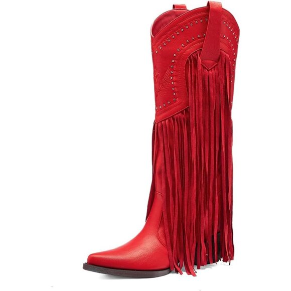 Women's Fashion Pointed Toe Chunky Pull On Knee High Heel Embroidered Red Boot - Picture 1 of 8